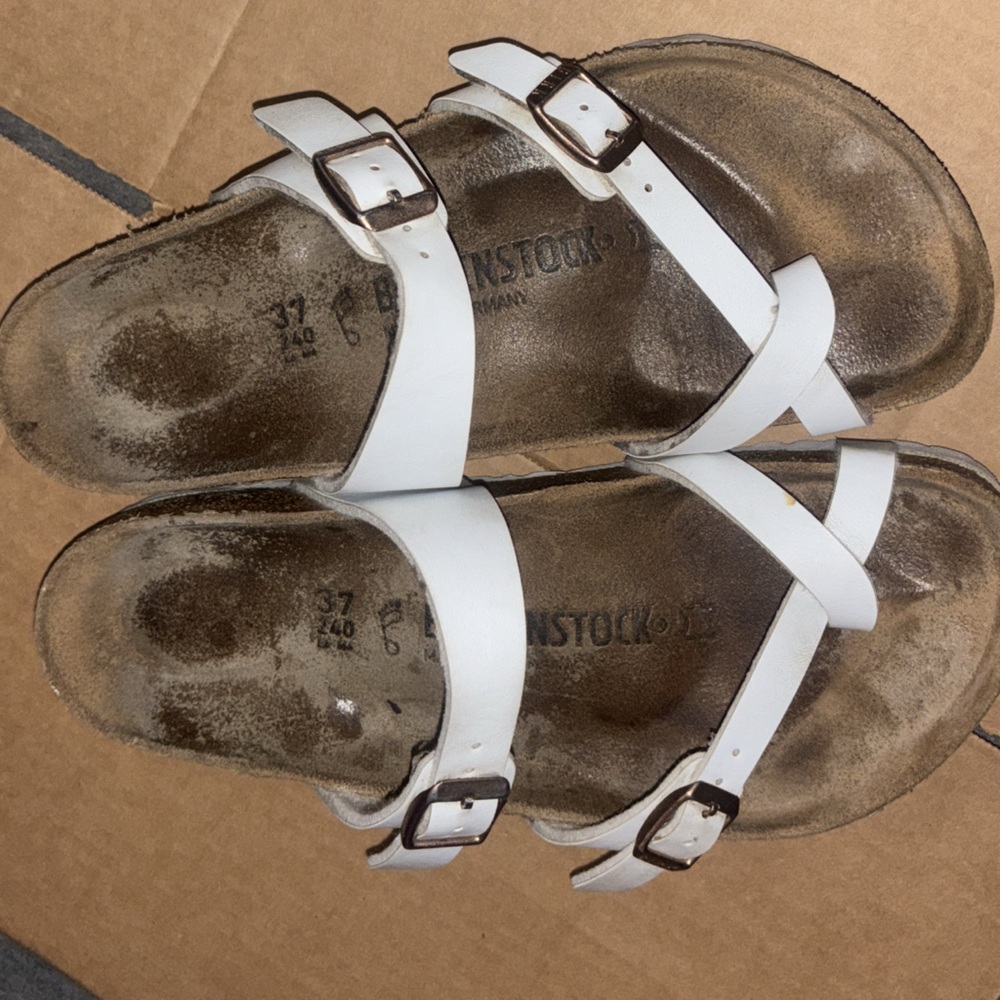Birkenstock White Leather Two-Band Slide Sandals
